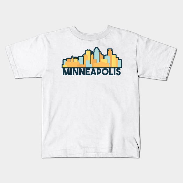 Orange, Teal, Yellow, Navy Minneapolis Skyline Kids T-Shirt by sydneyurban